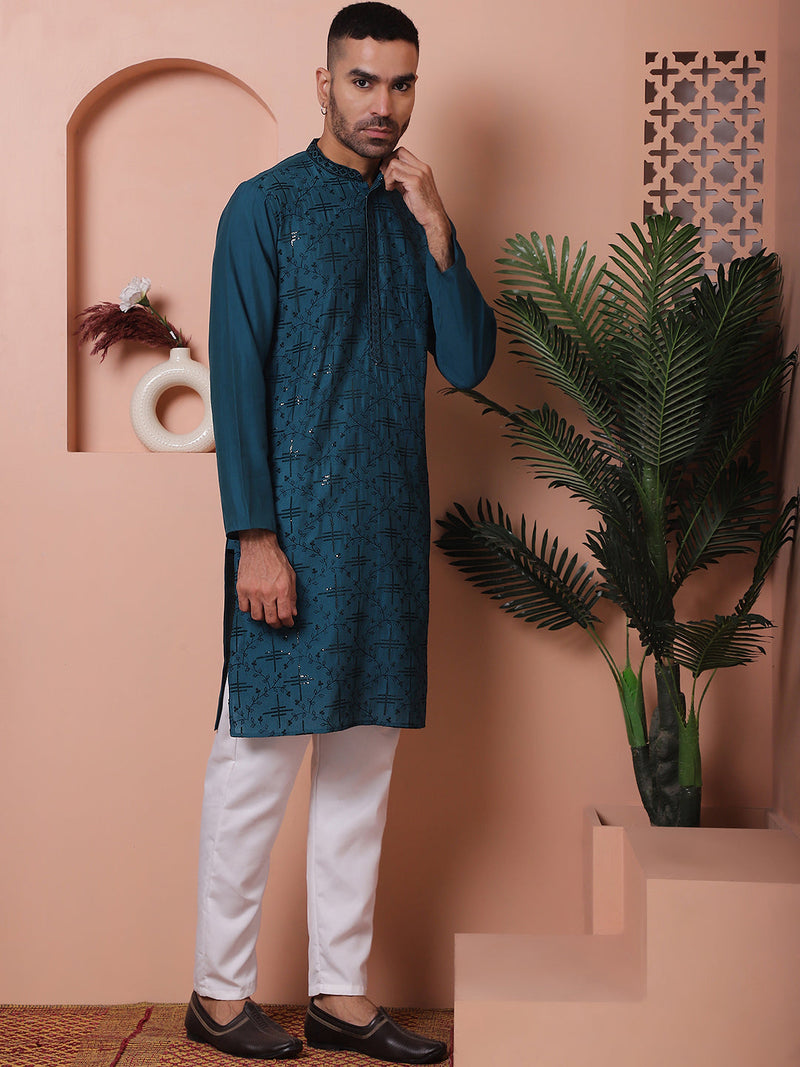 Men's Embroidered and Sequins Kurta with Pyjama