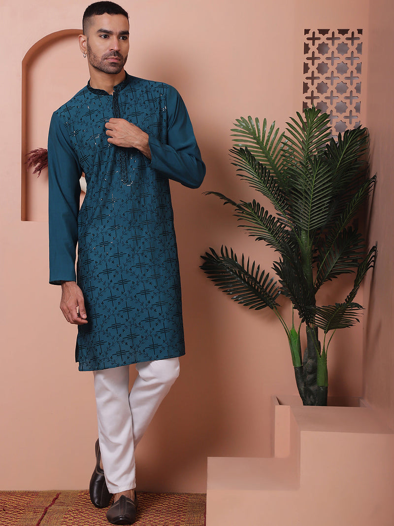 Men's Embroidered and Sequins Kurta with Pyjama