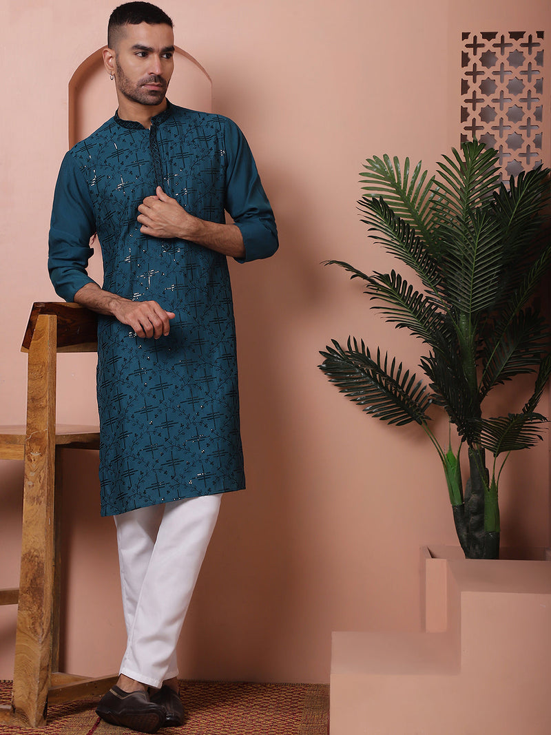 Men's Embroidered and Sequins Kurta with Pyjama