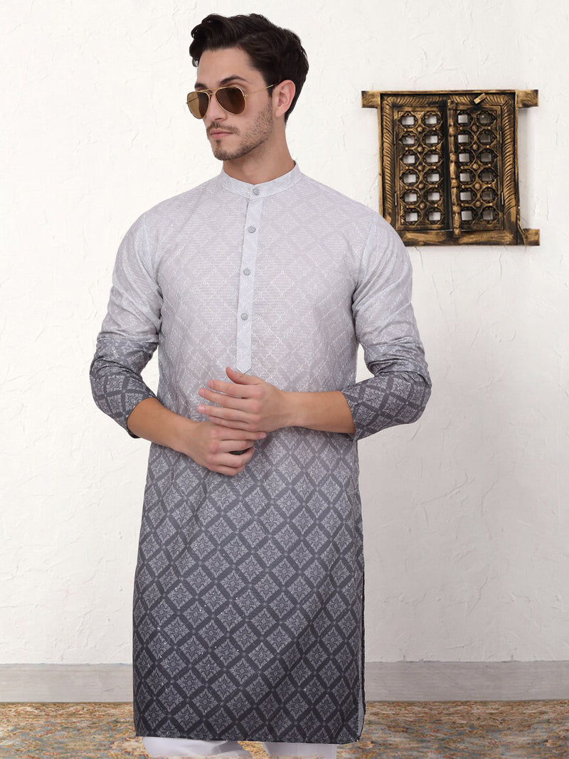 Men's Grey Ombre Printed Kurta Pyjama Set