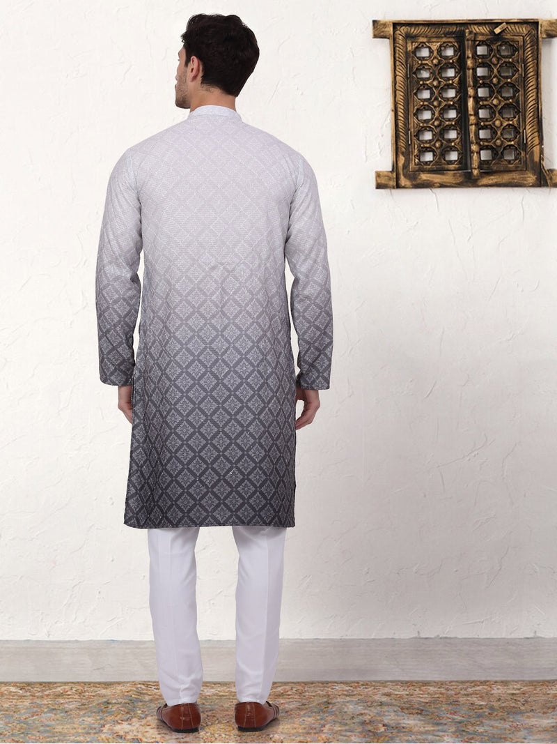 Men's Grey Ombre Printed Kurta Pyjama Set