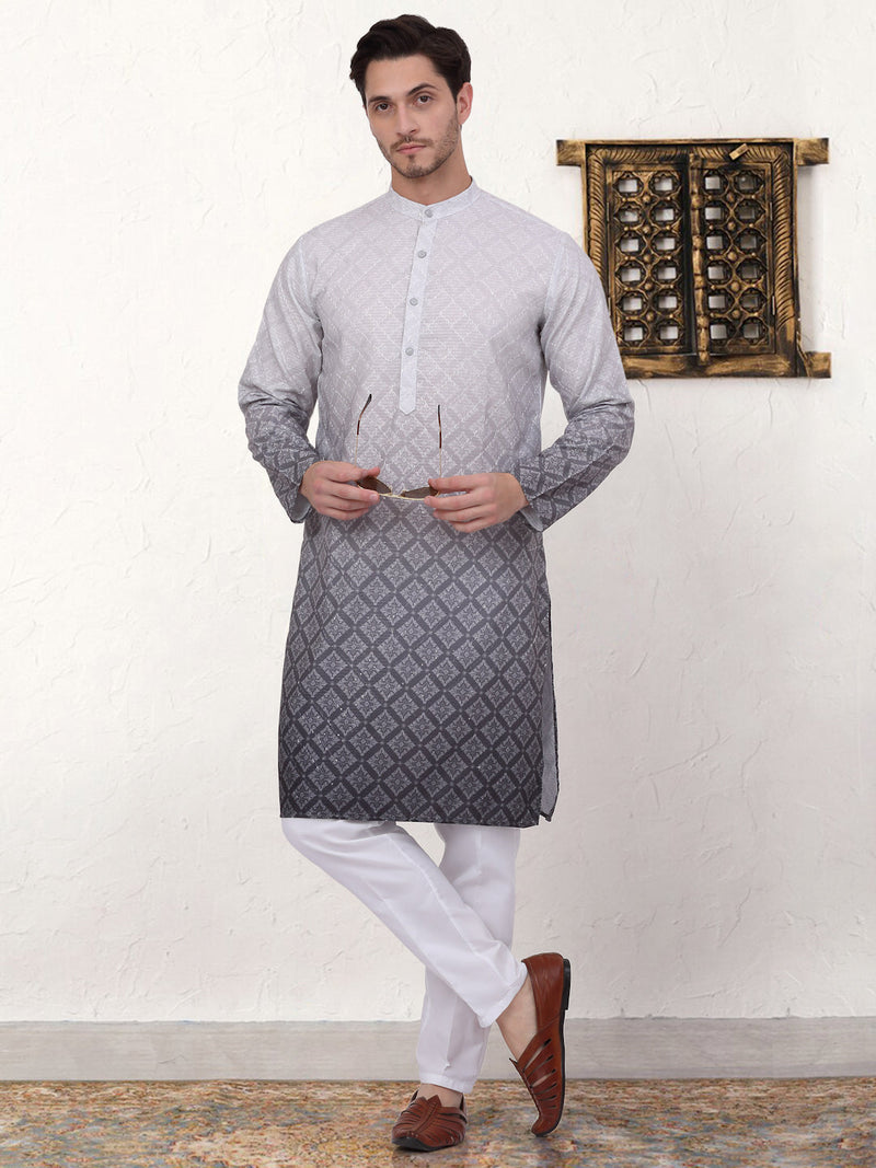 Men's Grey Ombre Printed Kurta Pyjama Set