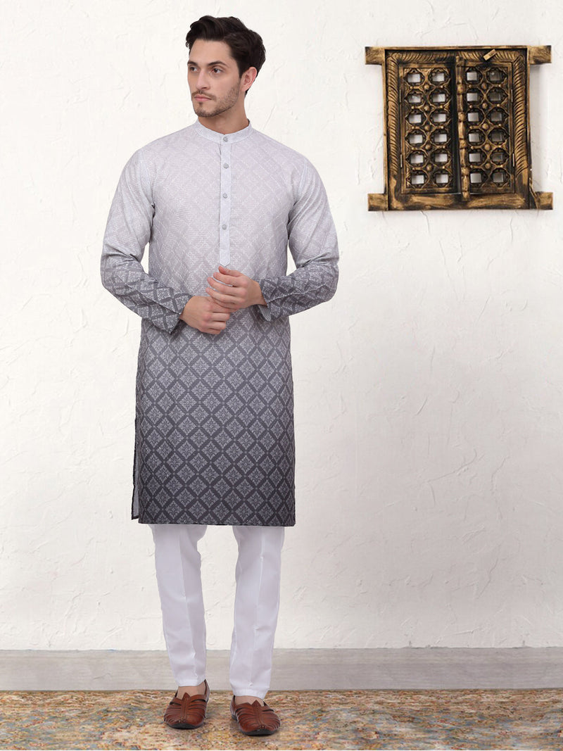 Men's Grey Ombre Printed Kurta Pyjama Set