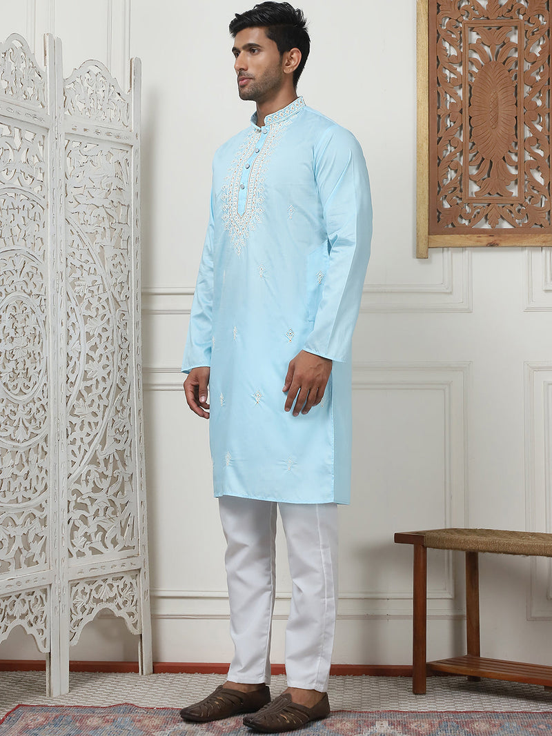 Collar Embroidered & Sequin Kurta With Pyjama