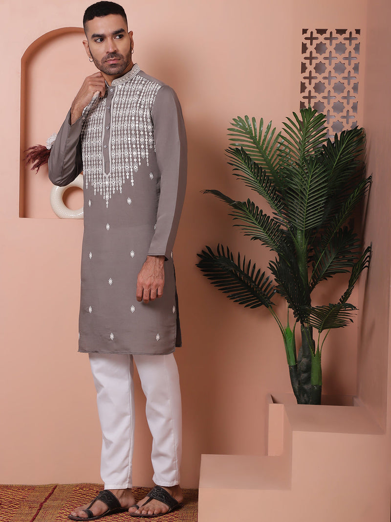 Grey Embroidered With Mirror Work Silk Kurta With Pyjama Set