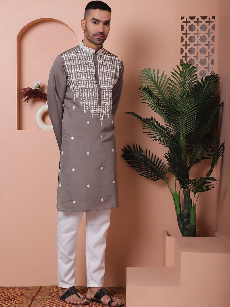 Grey Embroidered With Mirror Work Silk Kurta With Pyjama Set