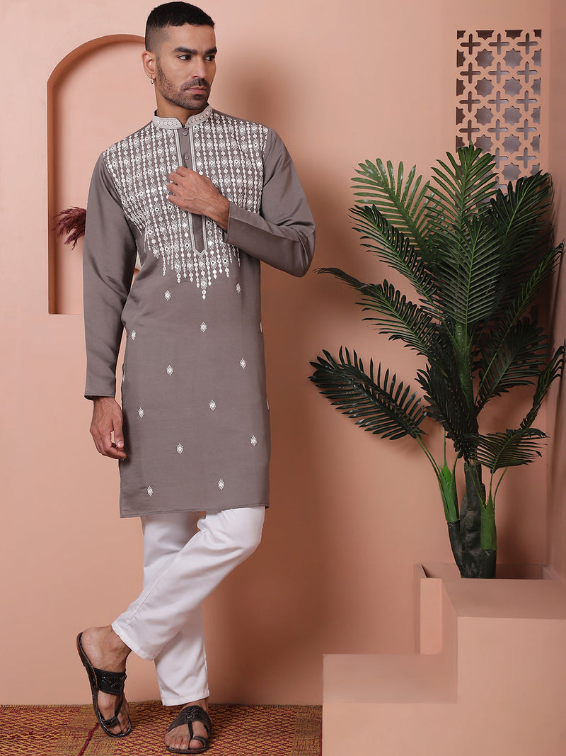 Grey Embroidered With Mirror Work Silk Kurta With Pyjama Set