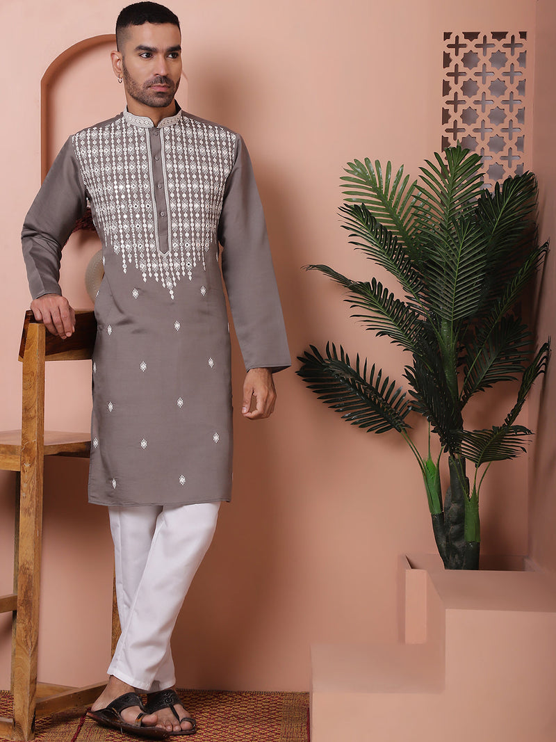 Grey Embroidered With Mirror Work Silk Kurta With Pyjama Set