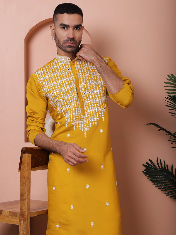 Mustard Embroidered With Mirror Work Silk Kurta With Pyjama Set