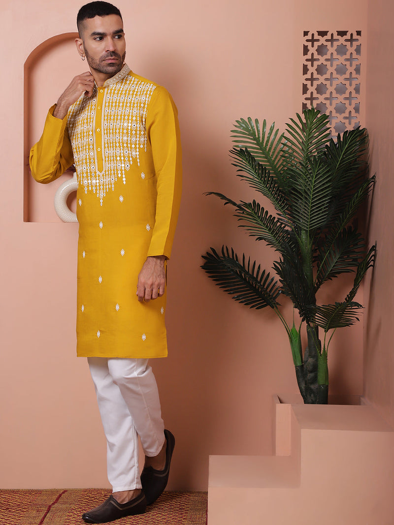 Mustard Embroidered With Mirror Work Silk Kurta With Pyjama Set