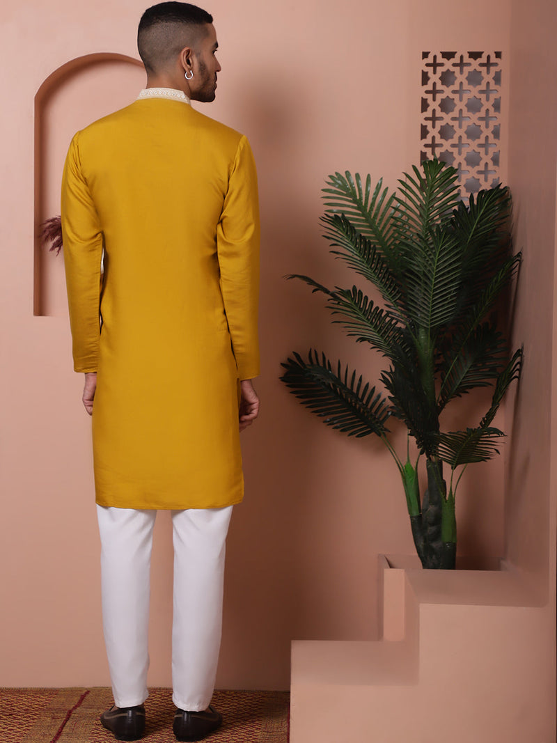 Mustard Embroidered With Mirror Work Silk Kurta With Pyjama Set