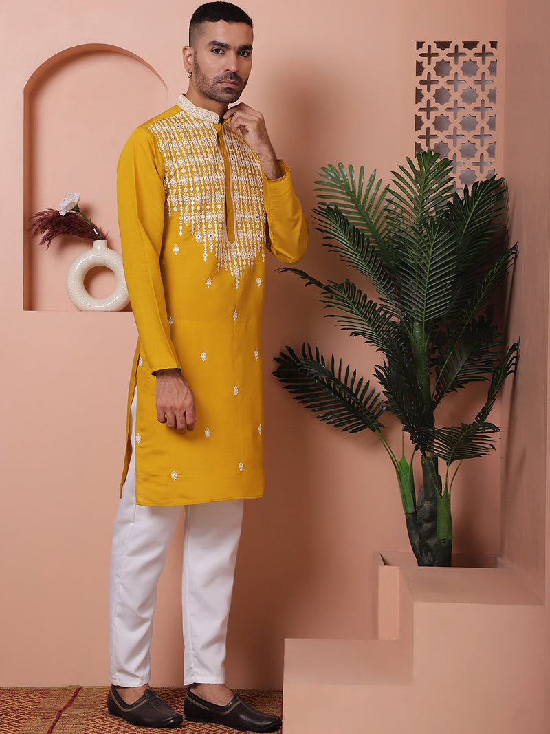 Mustard Embroidered With Mirror Work Silk Kurta With Pyjama Set