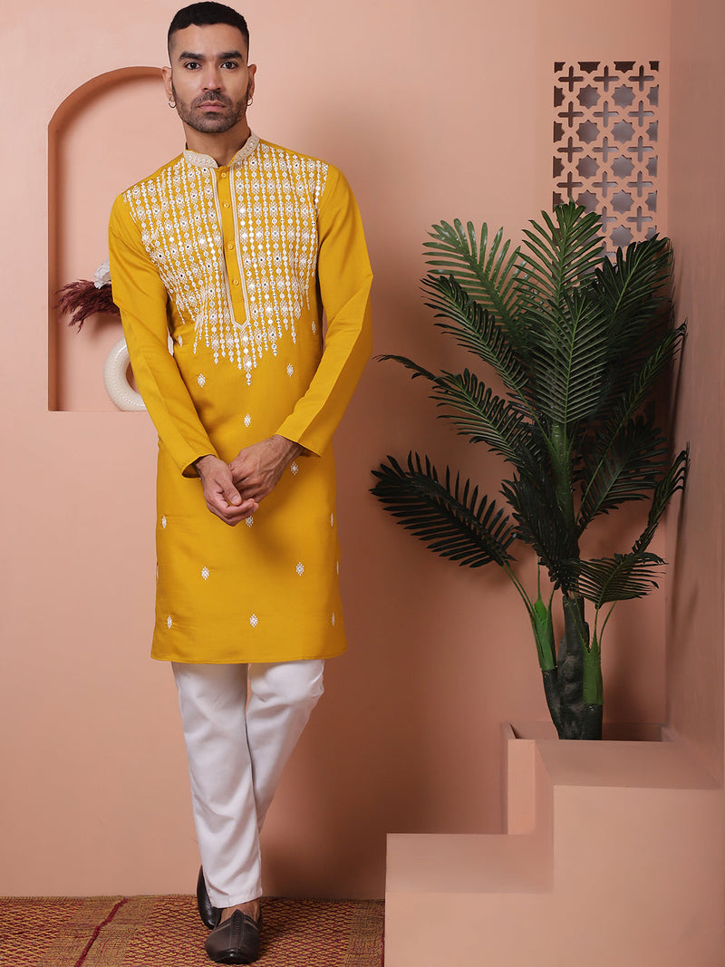 Mustard Embroidered With Mirror Work Silk Kurta With Pyjama Set