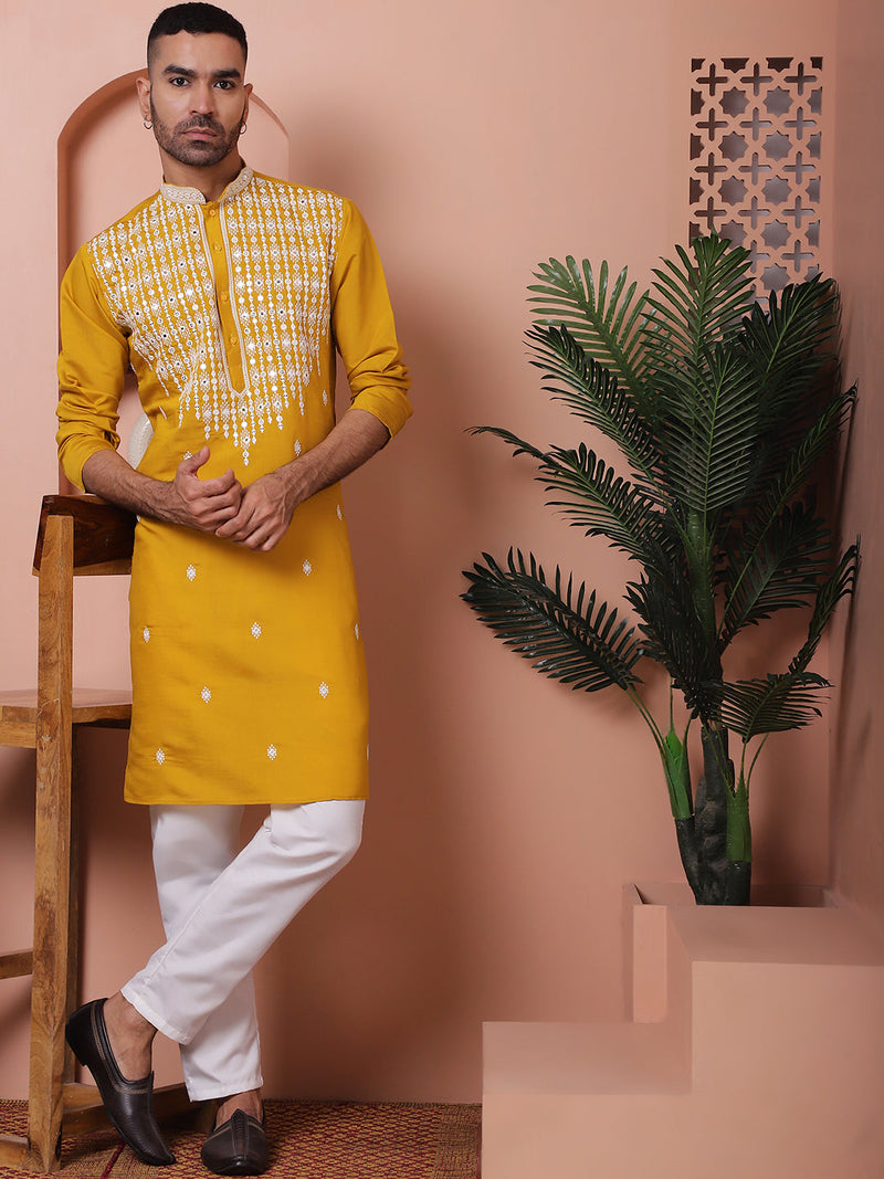 Mustard Embroidered With Mirror Work Silk Kurta With Pyjama Set