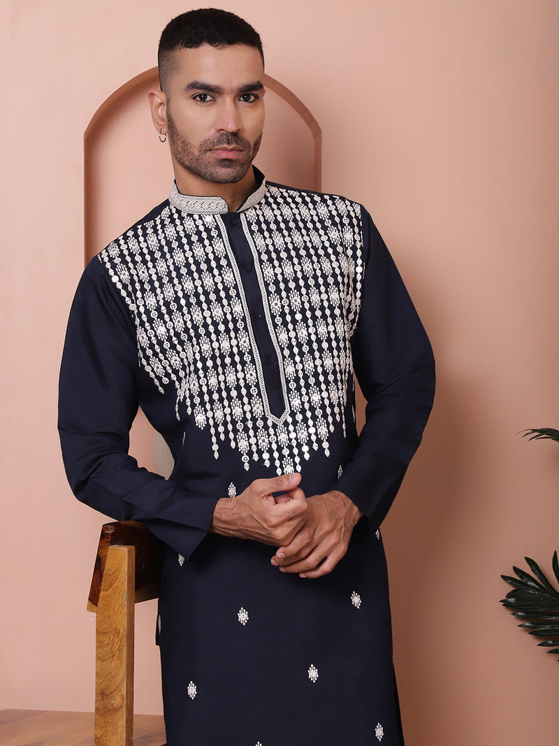 Navy Blue Embroidered With Mirror Work Silk Kurta With Pyjama Set