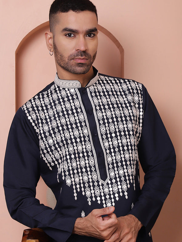 Navy Blue Embroidered With Mirror Work Silk Kurta