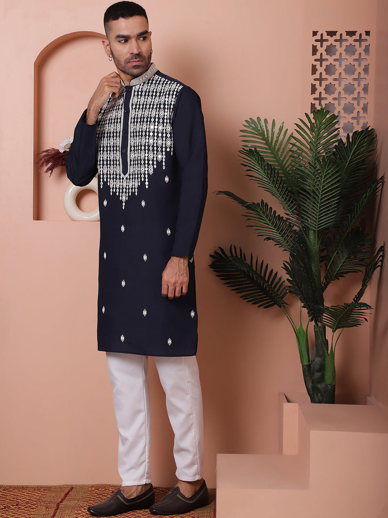 Navy Blue Embroidered With Mirror Work Silk Kurta With Pyjama Set