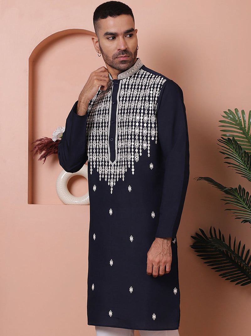 Navy Blue Embroidered With Mirror Work Silk Kurta