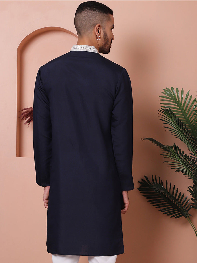 Navy Blue Embroidered With Mirror Work Silk Kurta