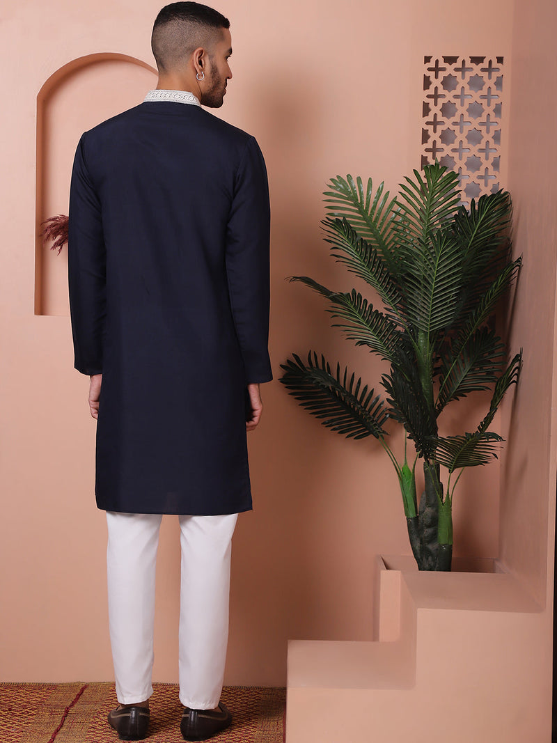 Navy Blue Embroidered With Mirror Work Silk Kurta With Pyjama Set