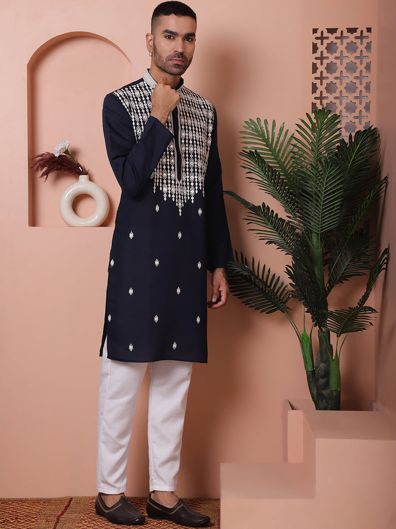 Navy Blue Embroidered With Mirror Work Silk Kurta With Pyjama Set