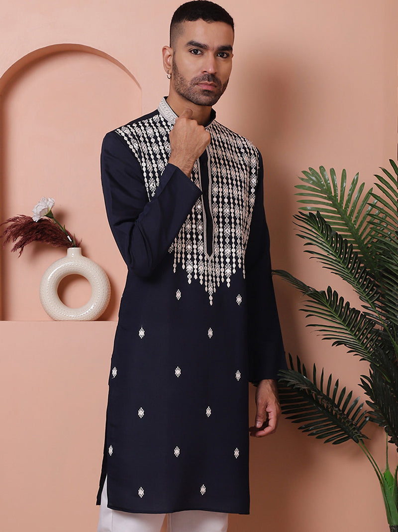 Navy Blue Embroidered With Mirror Work Silk Kurta