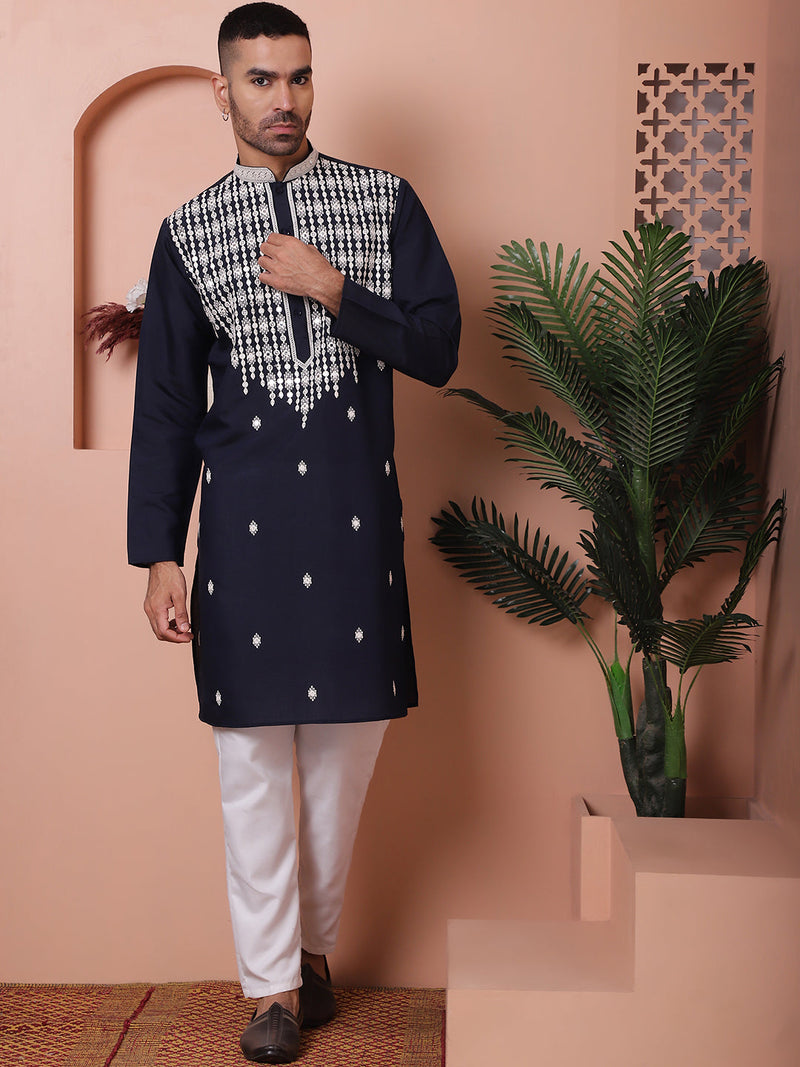 Navy Blue Embroidered With Mirror Work Silk Kurta With Pyjama Set