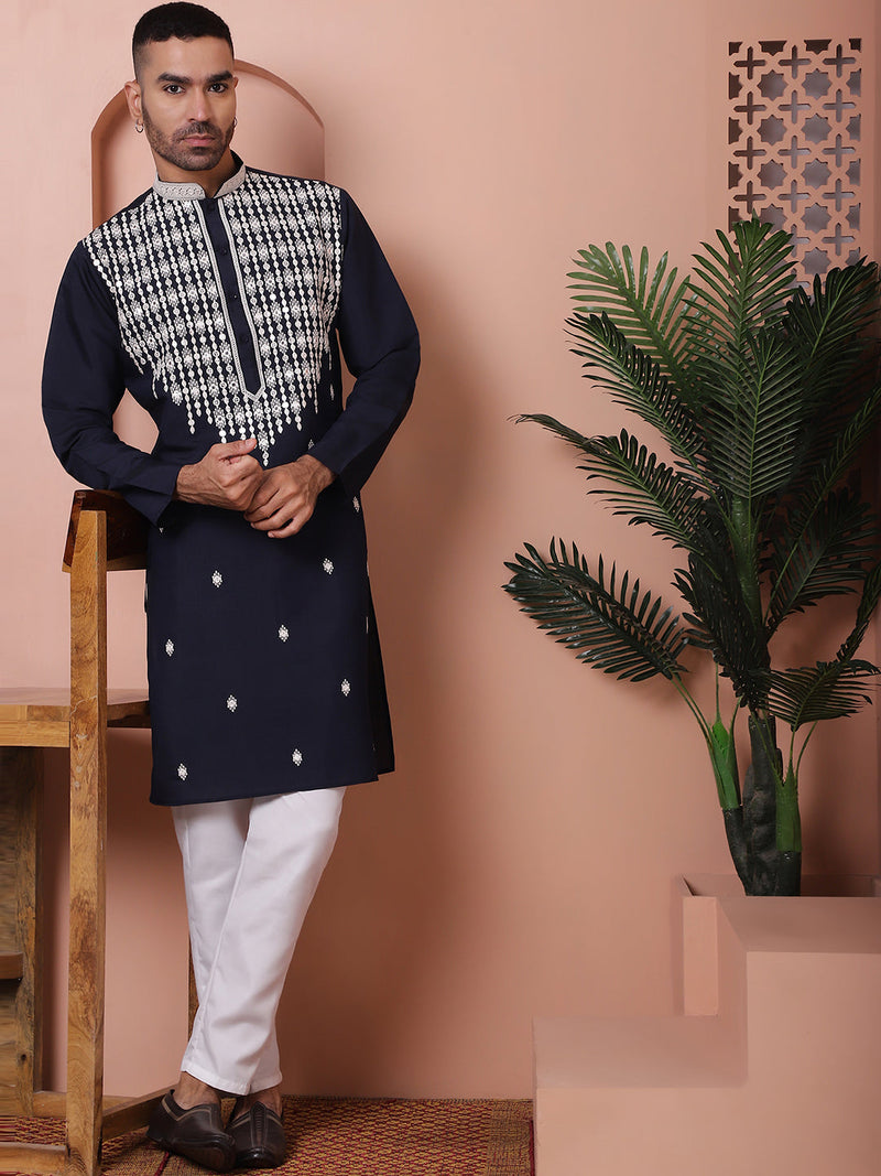 Navy Blue Embroidered With Mirror Work Silk Kurta With Pyjama Set