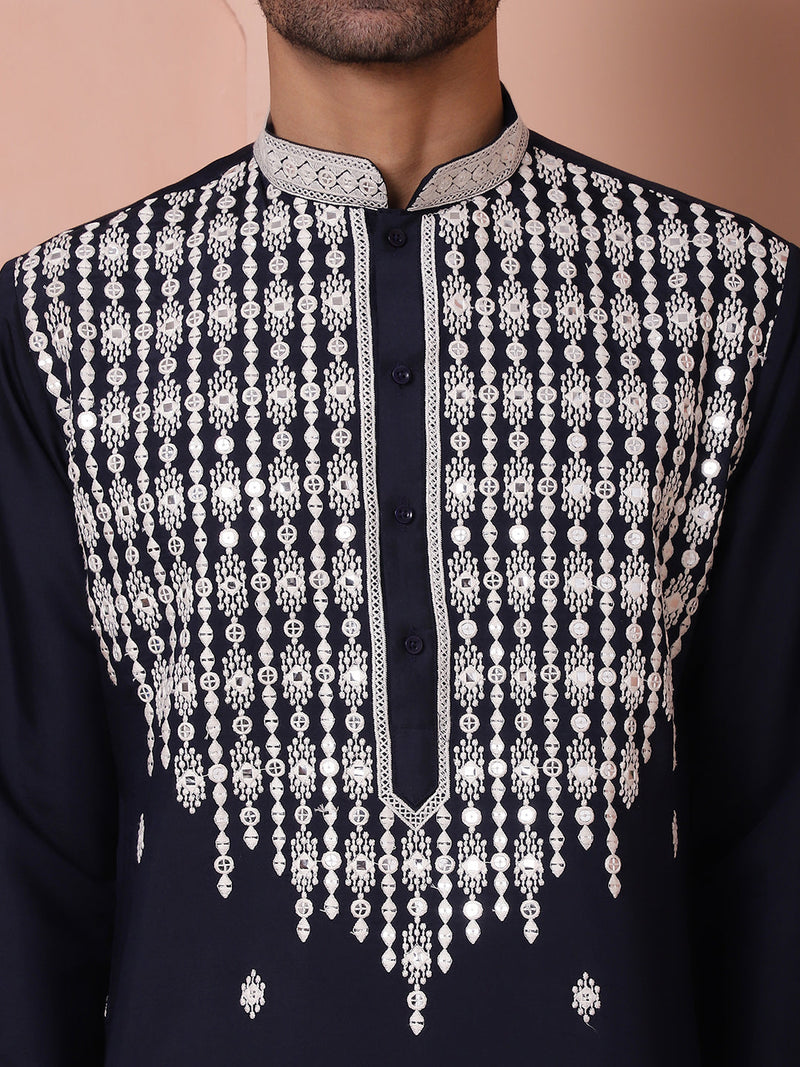 Navy Blue Embroidered With Mirror Work Silk Kurta With Pyjama Set