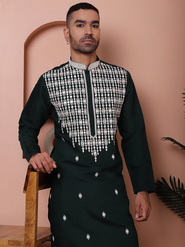 Olive Green Embroidered With Mirror Work Silk Kurta With Pyjama Set