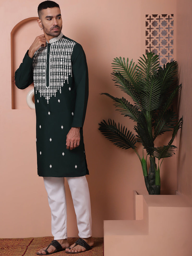 Olive Green Embroidered With Mirror Work Silk Kurta With Pyjama Set