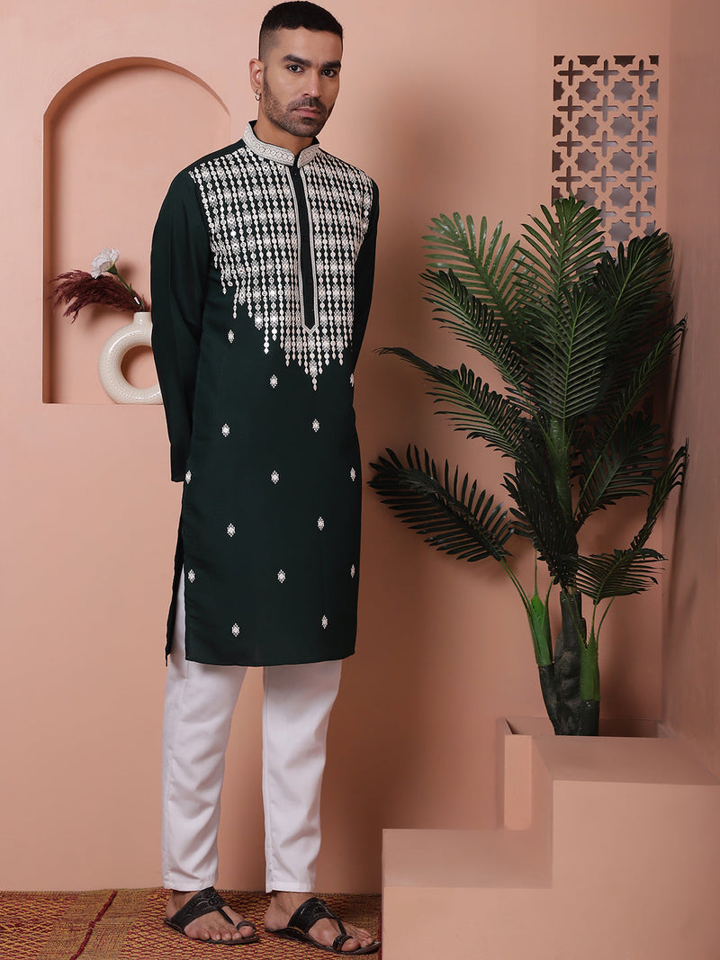 Olive Green Embroidered With Mirror Work Silk Kurta With Pyjama Set