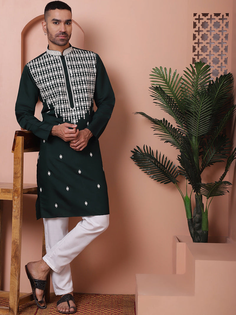 Olive Green Embroidered With Mirror Work Silk Kurta With Pyjama Set