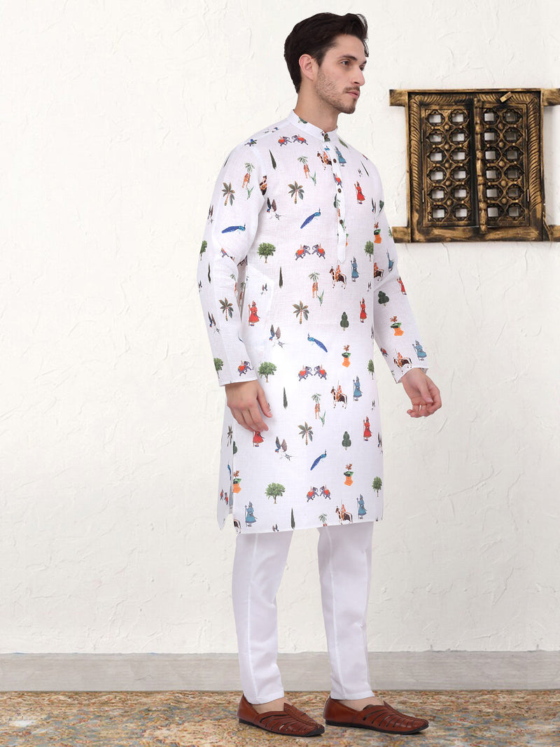 Men's Animal Printed Pure Cotton Straight Kurta Pyjama Set