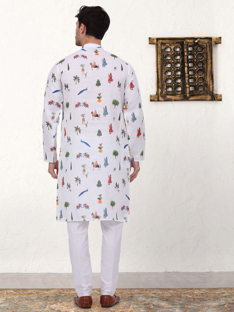 Men's Animal Printed Pure Cotton Straight Kurta Pyjama Set