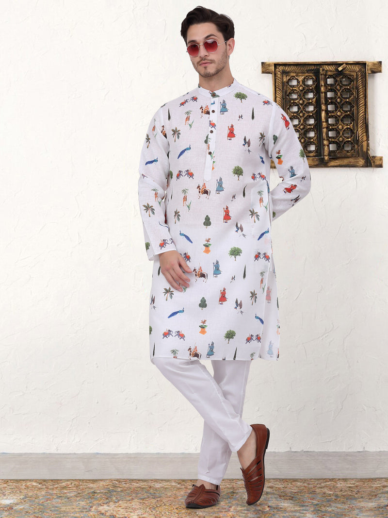 Men's Animal Printed Pure Cotton Straight Kurta Pyjama Set