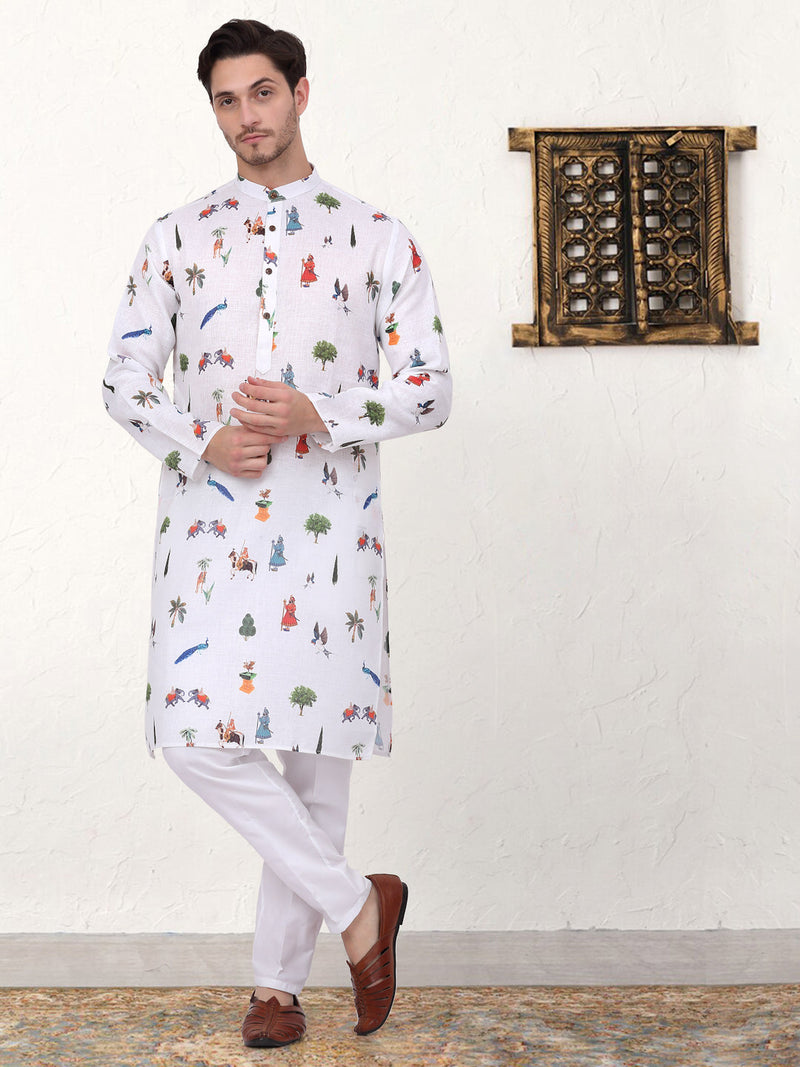 Men's Animal Printed Pure Cotton Straight Kurta Pyjama Set