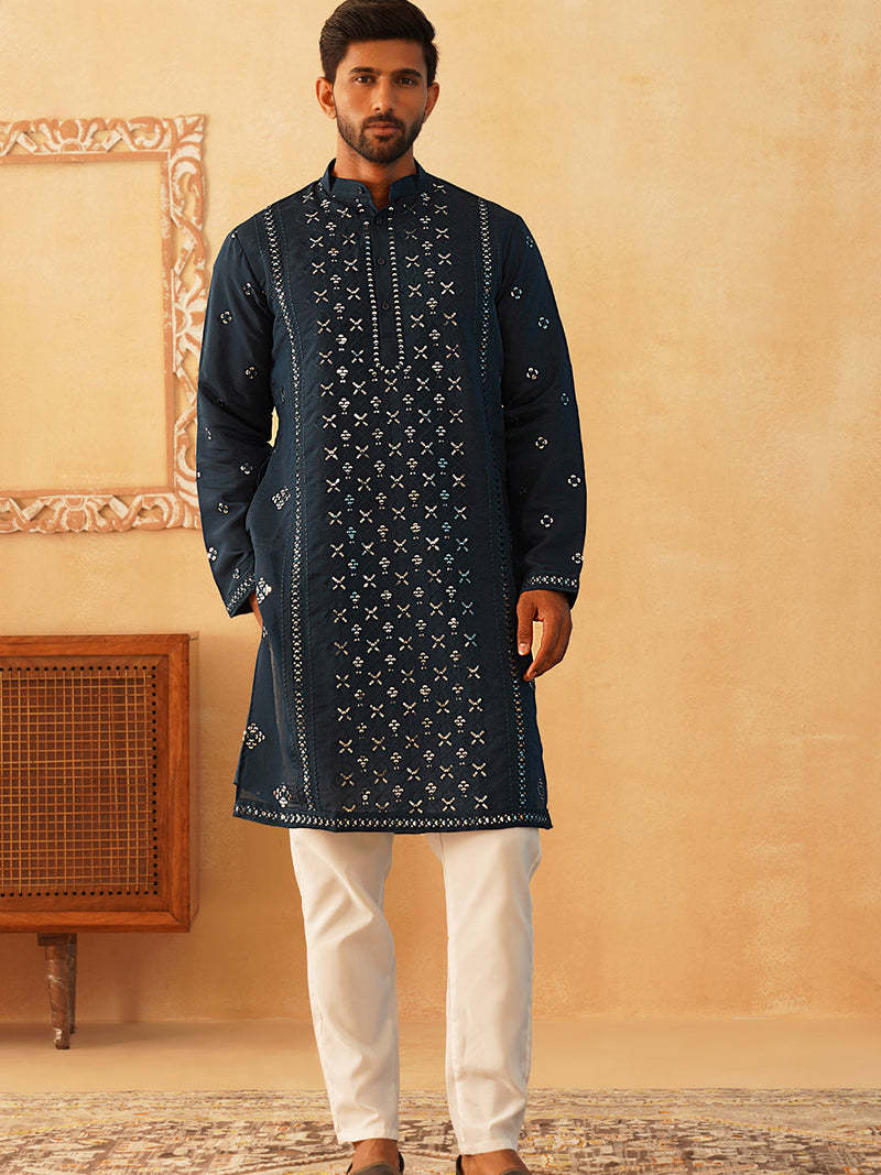 Embroidered & Sequin Cotton Blend Kurta Pyjama Sets