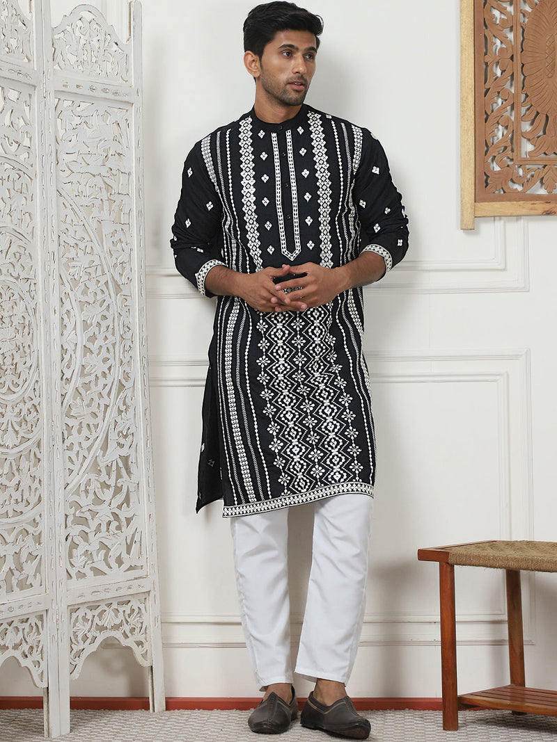 Embroidered & Sequin Cotton Blend Kurta Pyjama Sets