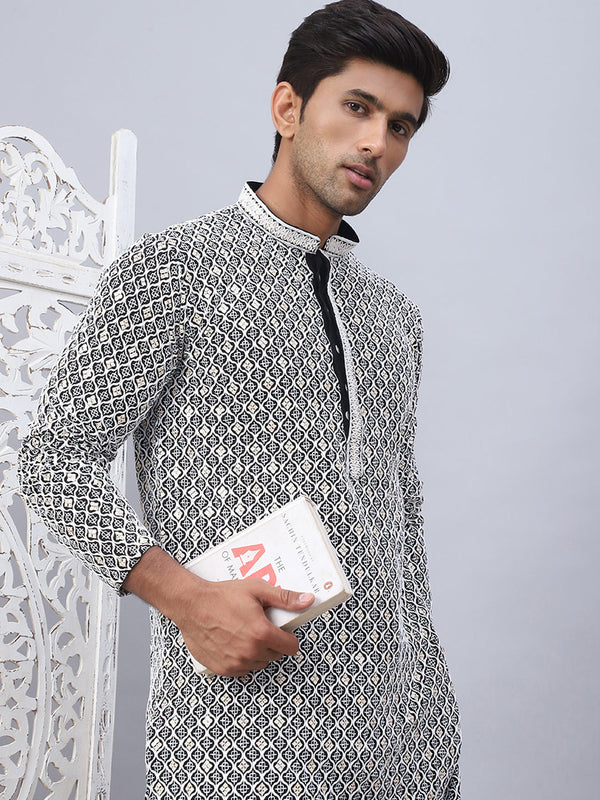 Men's Black Chikankari Embroidered and Sequence Kurta with Pyjama