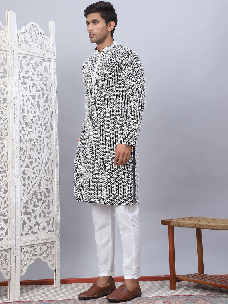 Men's Black Chikankari Embroidered and Sequence Kurta with Pyjama