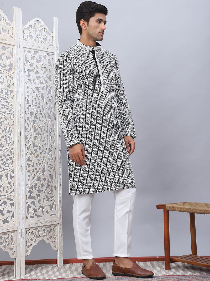 Men's Black Chikankari Embroidered and Sequence Kurta with Pyjama