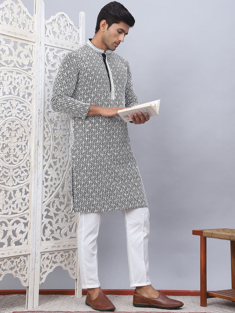 Men's Black Chikankari Embroidered and Sequence Kurta with Pyjama