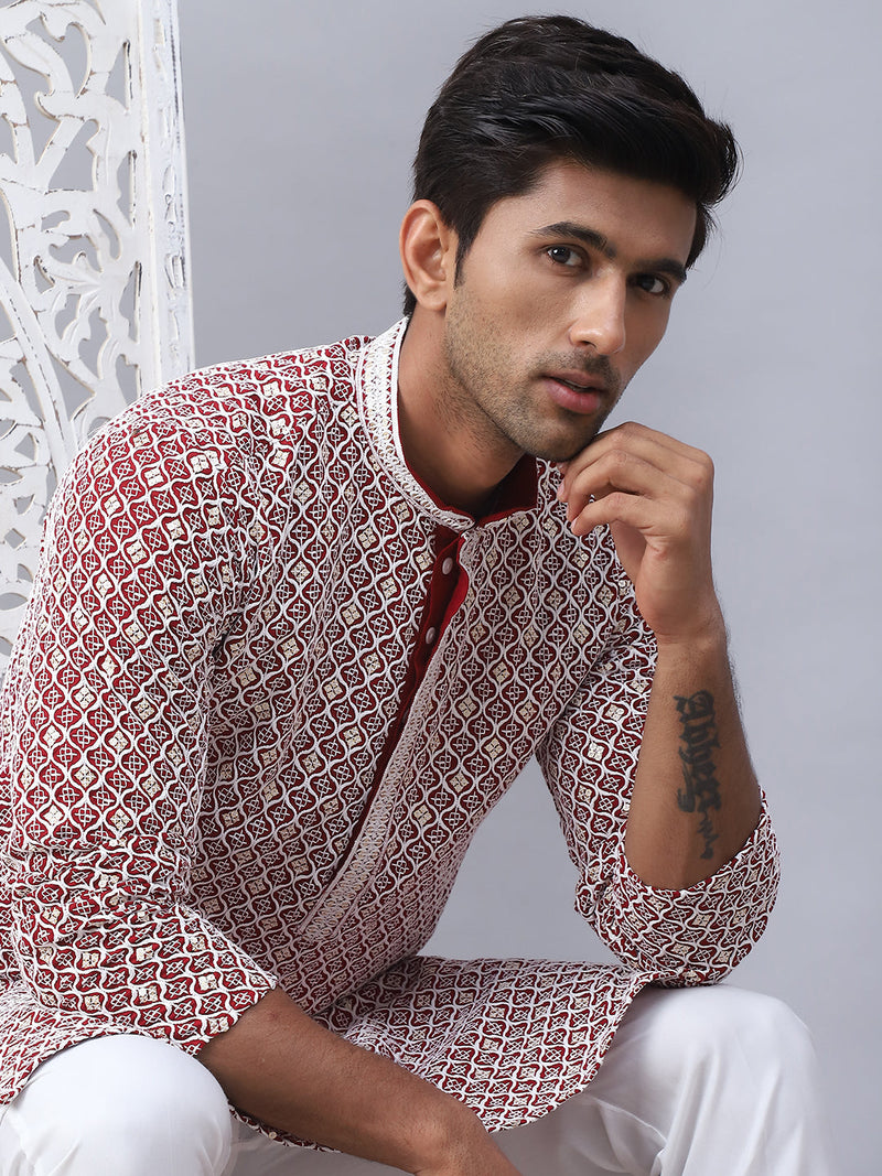 Men's Maroon Chikankari Embroidered and Sequence Kurta with Pyjama