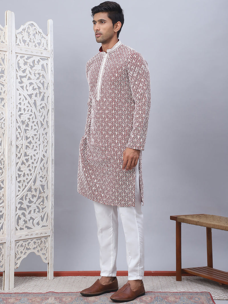 Men's Maroon Chikankari Embroidered and Sequence Kurta with Pyjama