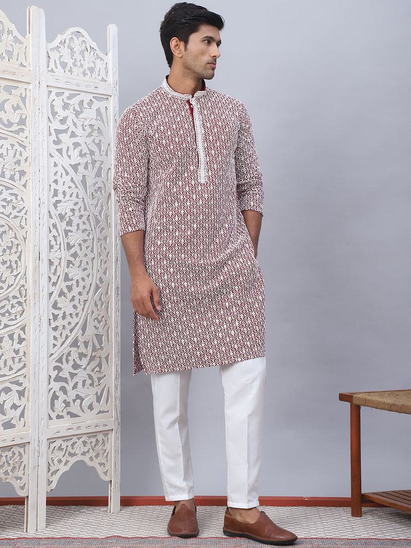 Men's Maroon Chikankari Embroidered and Sequence Kurta with Pyjama