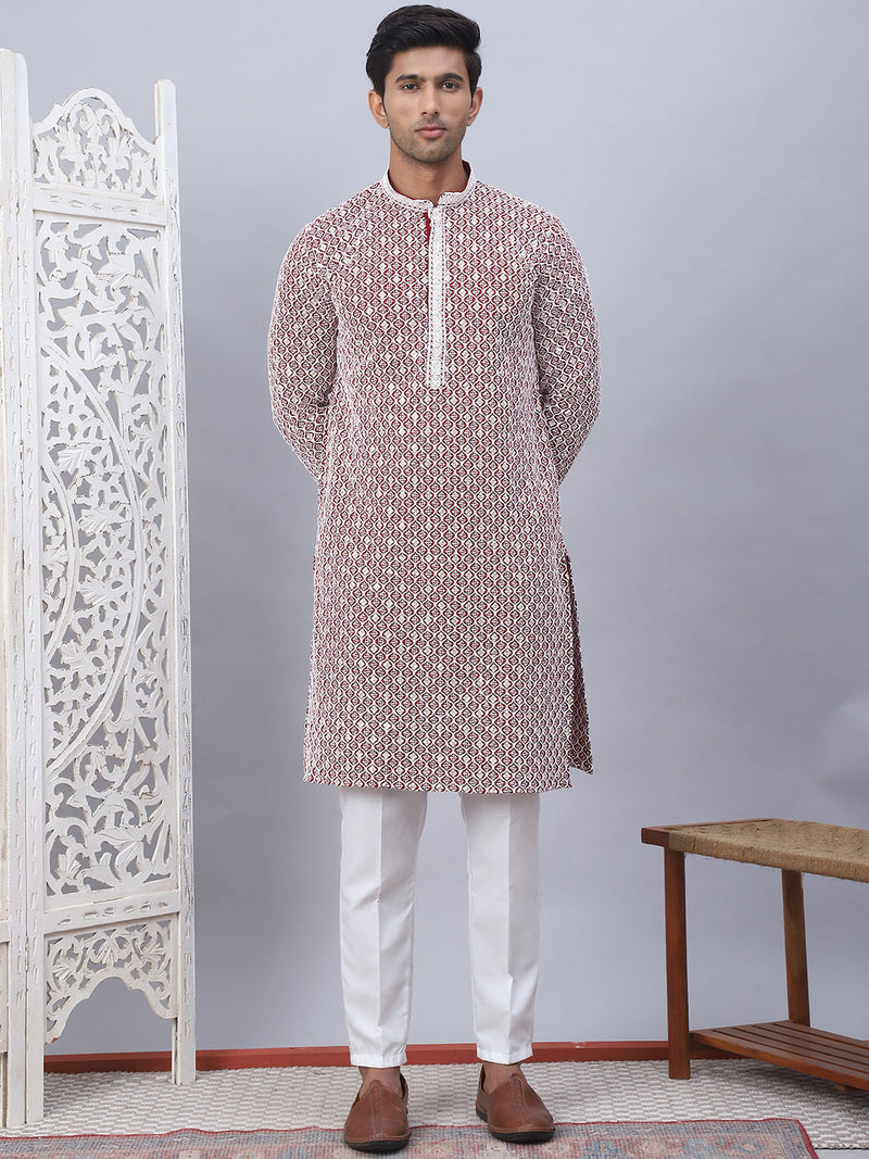 Men's Maroon Chikankari Embroidered and Sequence Kurta with Pyjama