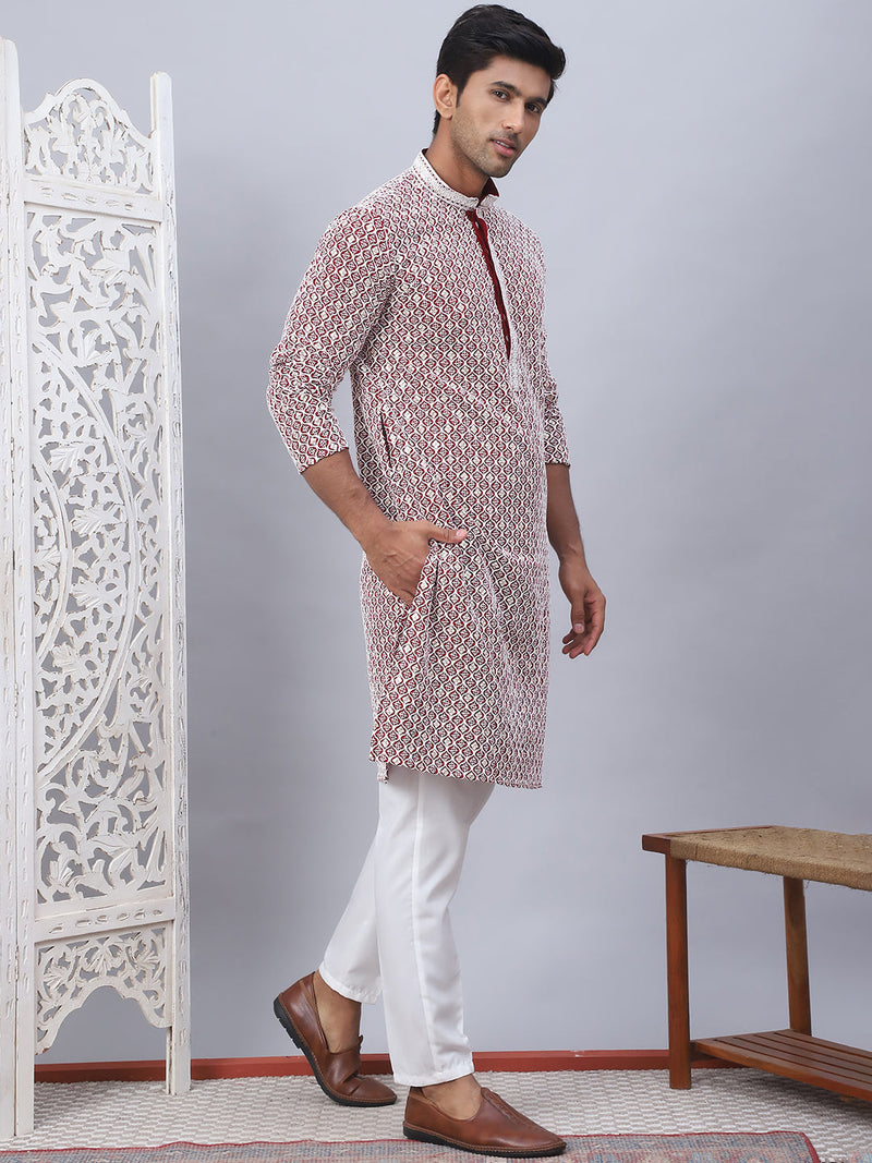 Men's Maroon Chikankari Embroidered and Sequence Kurta with Pyjama