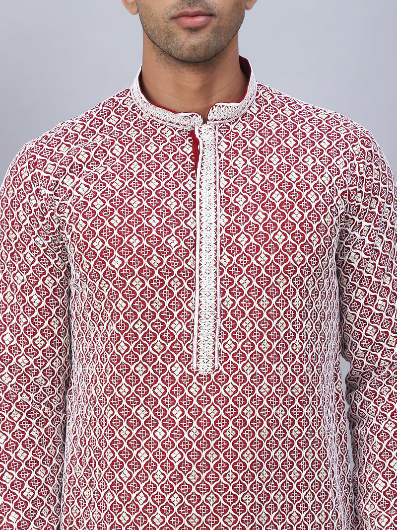 Men's Maroon Chikankari Embroidered and Sequence Kurta with Pyjama