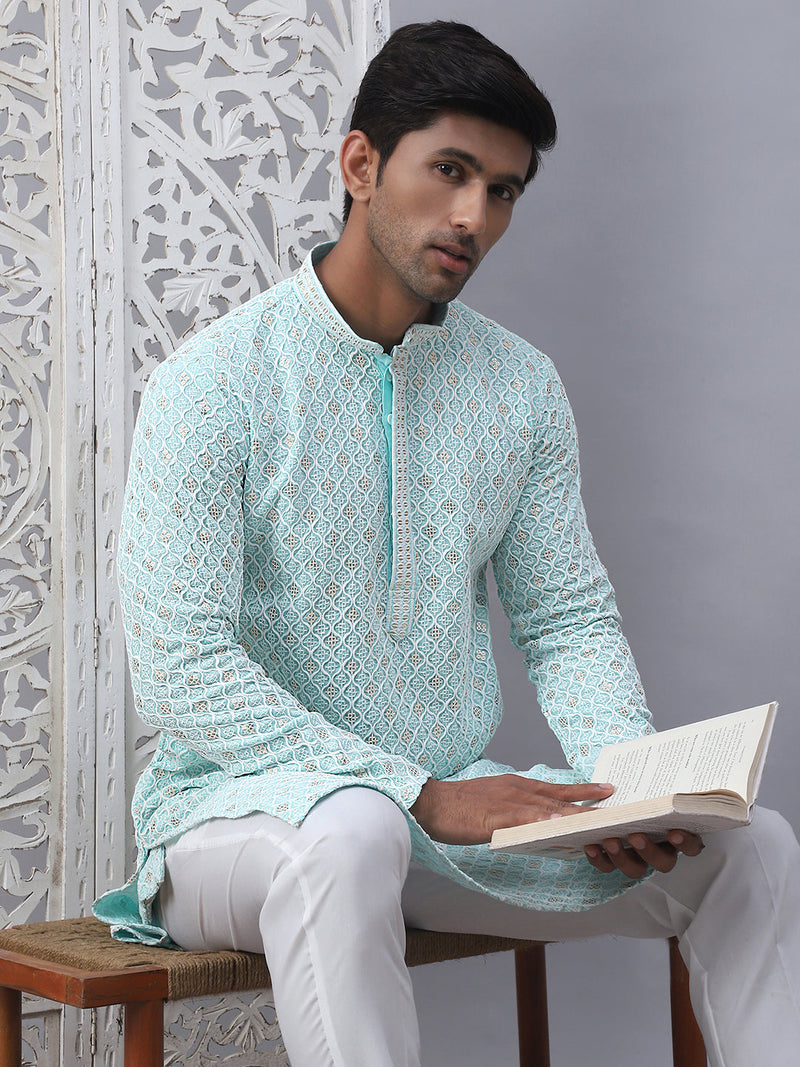 Men's Sky Blue Chikankari Embroidered and Sequence Kurta with Pyjama